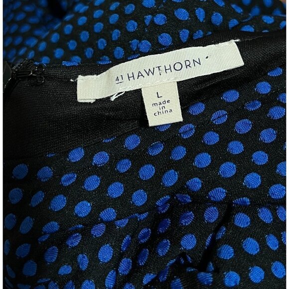 41 Hawthorne Sz L Black Blue Polka Dot Pleated Fit and Flare Sundress Knit Dress - Picture 9 of 12